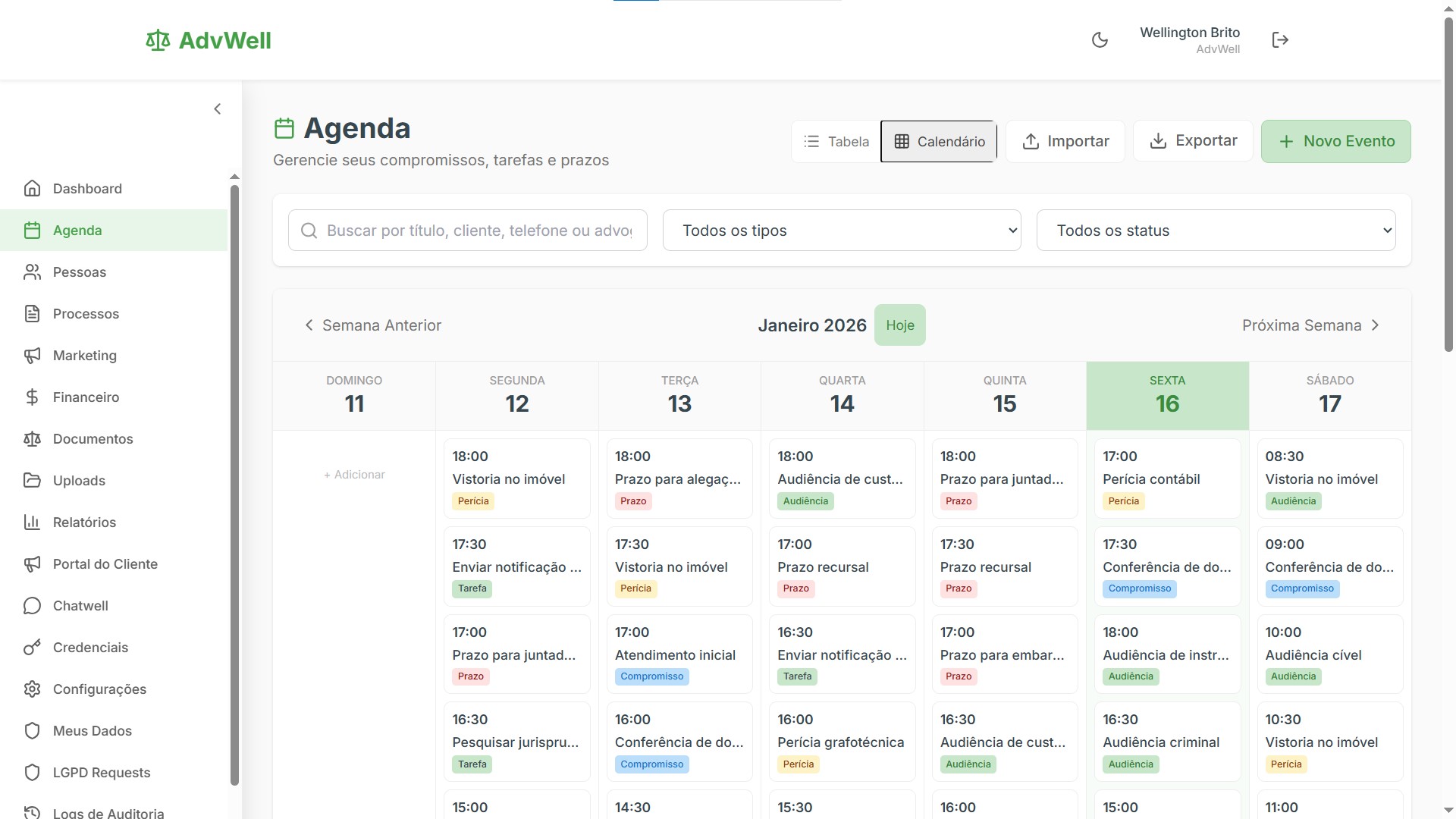 Agenda com alertas de prazos jurídicos
